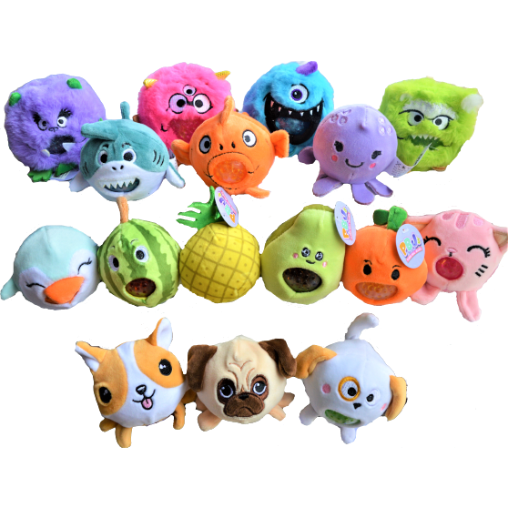 Squeezable plush critters full of fun, squishy, jelly. 
